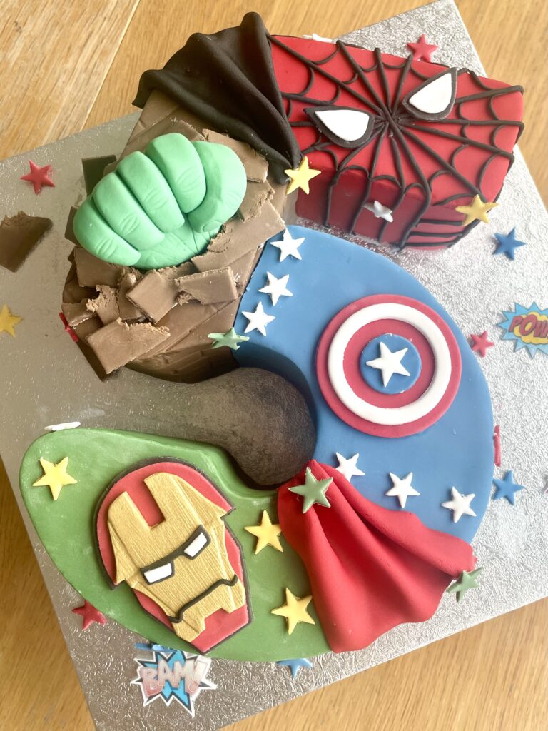 Number cake decorated with handmade fondant avengers characters